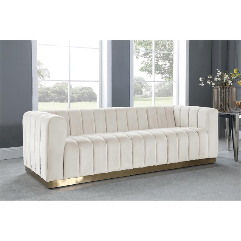 Maklaine Contemporary Upholstered Cream Velvet Sofa with Stainless Steel Base