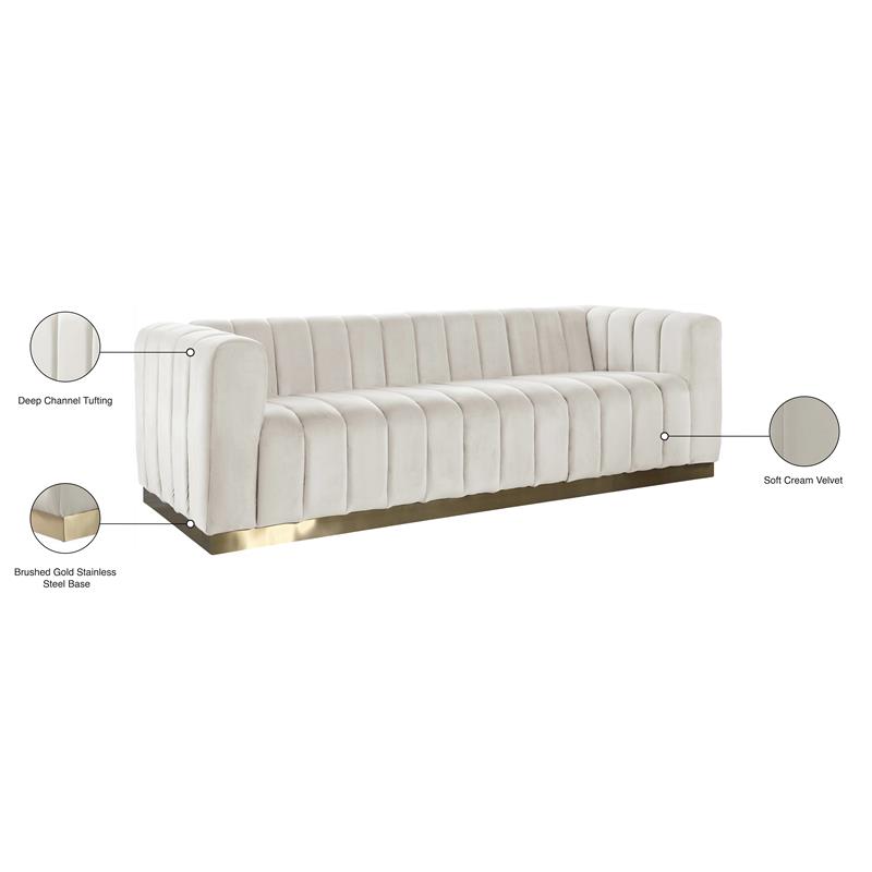 Maklaine Contemporary Upholstered Cream Velvet Sofa with Stainless Steel Base