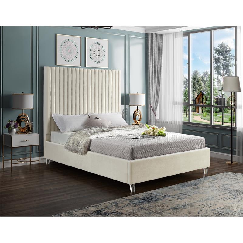 Maklaine Contemporary Deep Detailed Channel Tufted Cream Velvet Full Bed