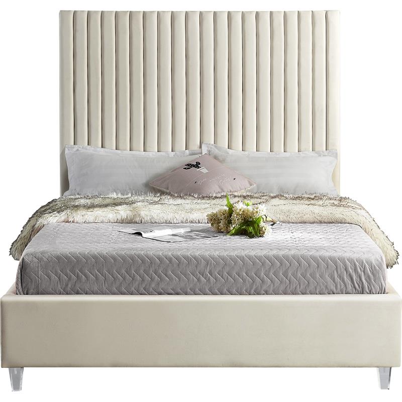 Maklaine Contemporary Deep Detailed Channel Tufted Cream Velvet Full Bed