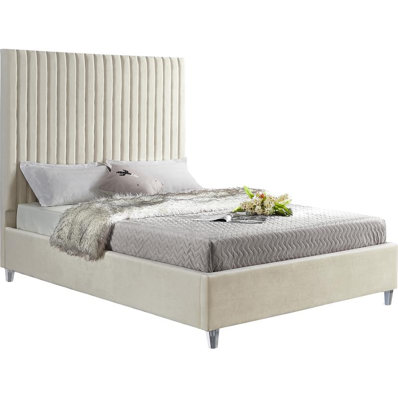 Maklaine Contemporary Deep Detailed Channel Tufted Cream Velvet Full Bed