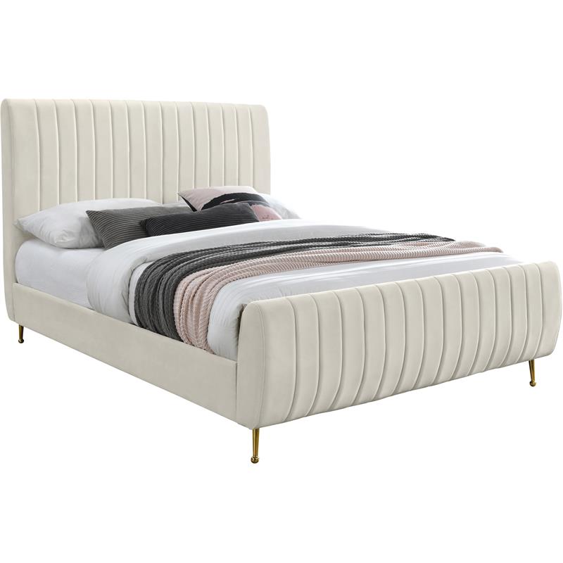 Maklaine Contemporary Deep Detailed Channel Tufted Rich Cream Velvet Full Bed