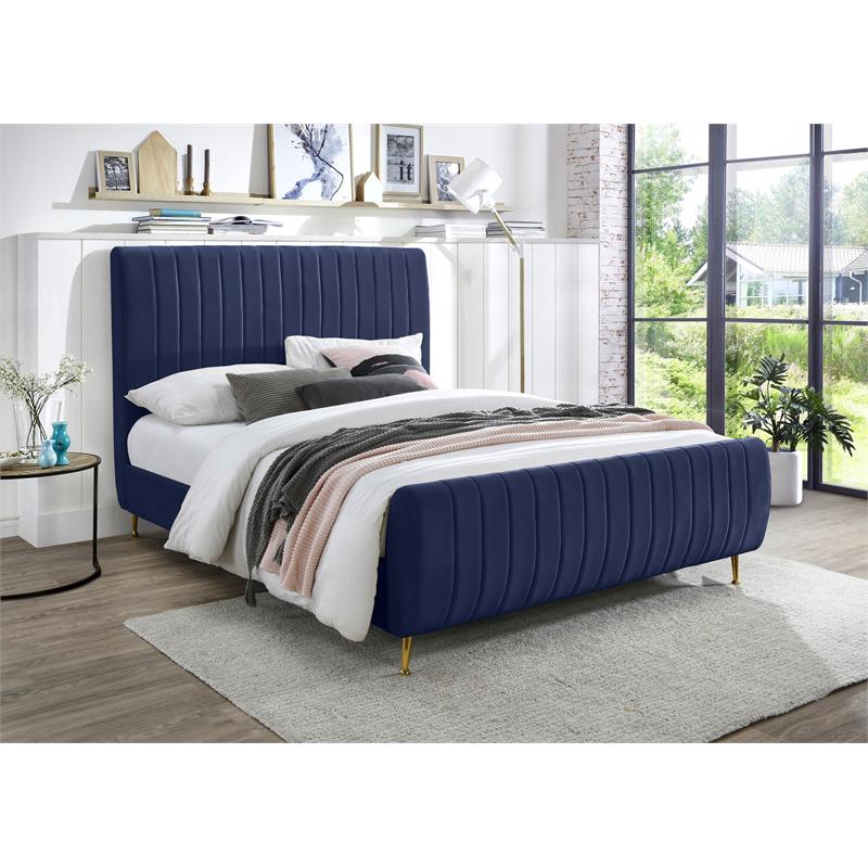 Maklaine Contemporary Deep Detailed Channel Tufted Rich Navy Velvet King Bed