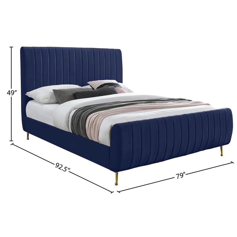 Maklaine Contemporary Deep Detailed Channel Tufted Rich Navy Velvet King Bed