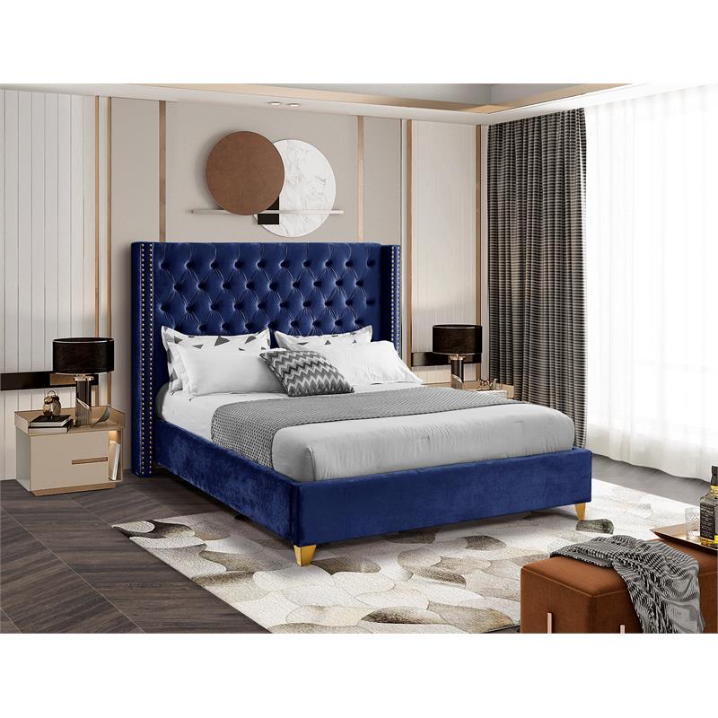 Maklaine Contemporary Deep Detailed Tufted Navy Velvet Full Bed