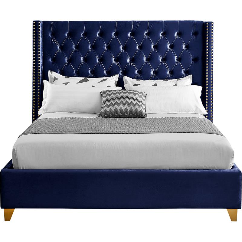 Maklaine Contemporary Deep Detailed Tufted Navy Velvet Full Bed
