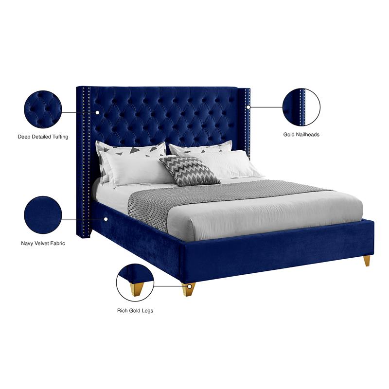 Maklaine Contemporary Deep Detailed Tufted Navy Velvet Full Bed