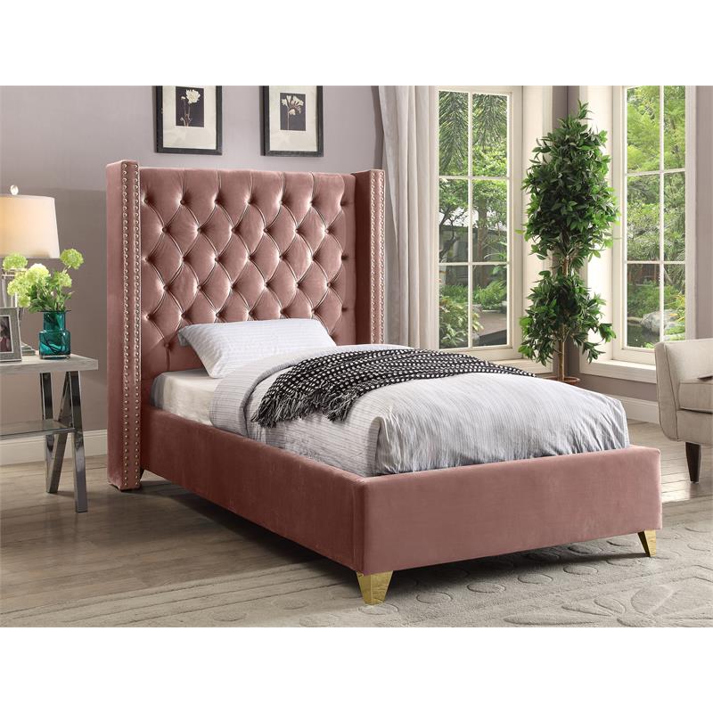 Maklaine Contemporary Deep Detailed Tufted Pink Velvet Twin Bed