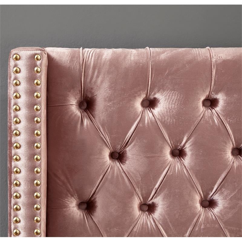 Maklaine Contemporary Deep Detailed Tufted Pink Velvet Twin Bed