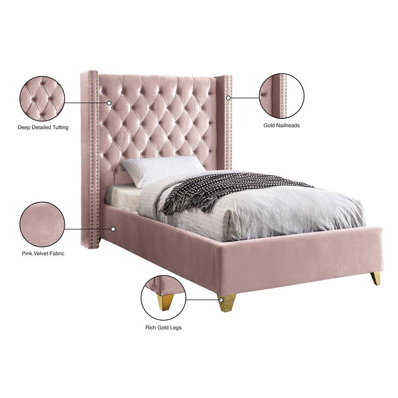Maklaine Contemporary Deep Detailed Tufted Pink Velvet Twin Bed