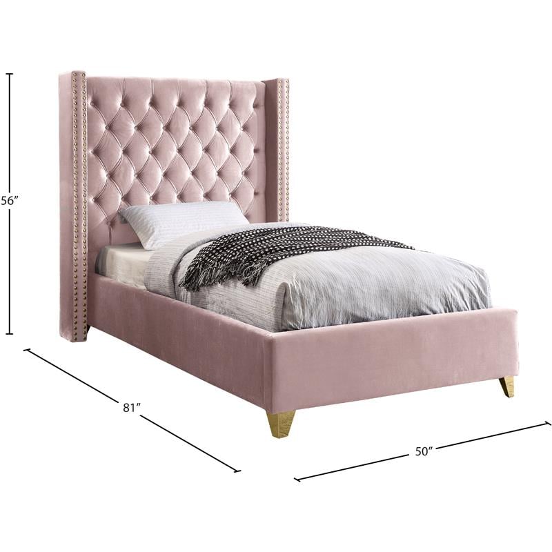 Maklaine Contemporary Deep Detailed Tufted Pink Velvet Twin Bed