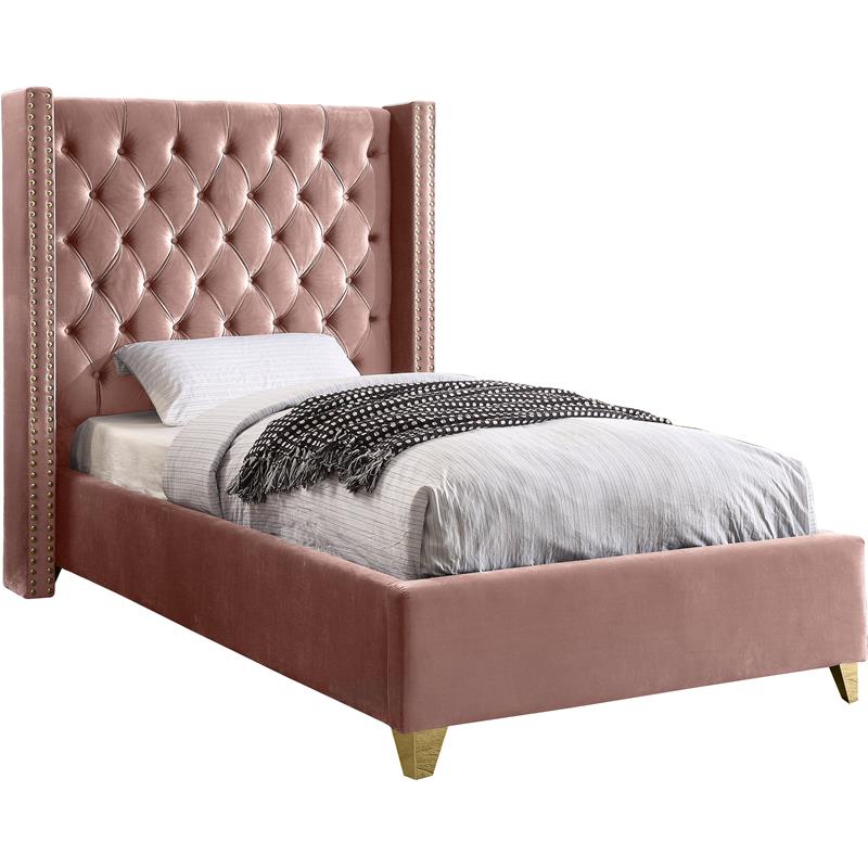 Maklaine Contemporary Deep Detailed Tufted Pink Velvet Twin Bed