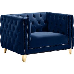 Maklaine Contemporary Navy Velvet Chair with Gold Nailheads and Iron Legs