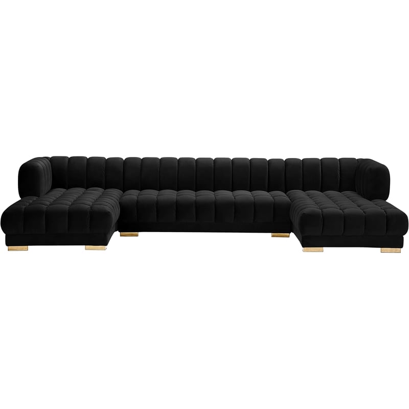 Maklaine Contemporary Deep Biscuit Tufted Black Velvet 3pc. Sectional