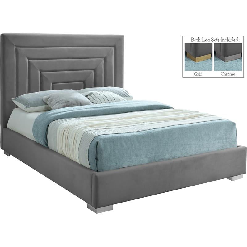 Maklaine Gray Velvet Full Bed with Gold/Chrome Legs Included
