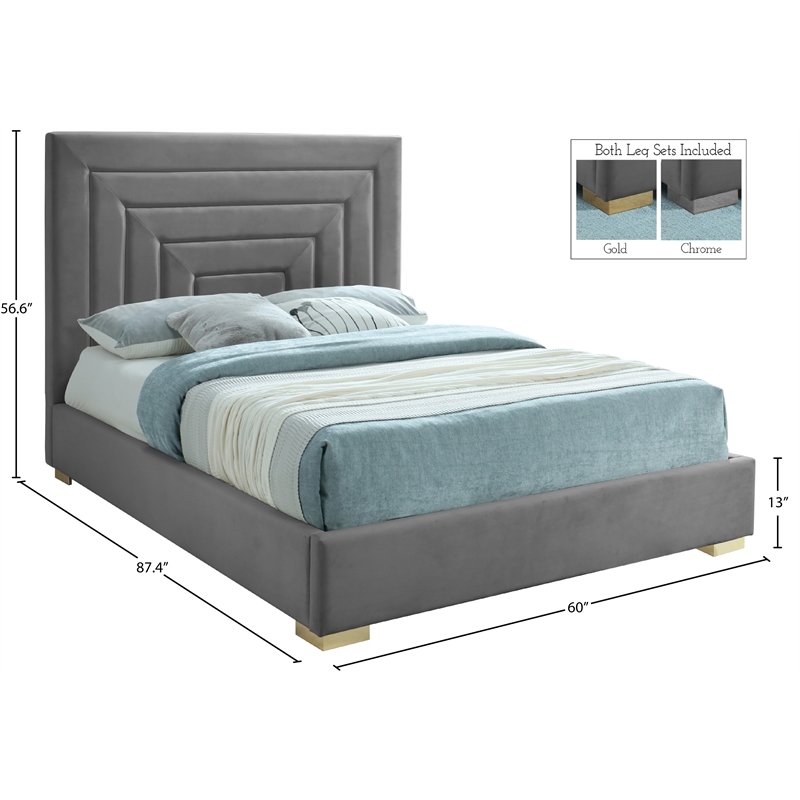 Maklaine Gray Velvet Full Bed with Gold/Chrome Legs Included