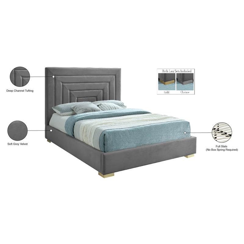 Maklaine Gray Velvet Full Bed with Gold/Chrome Legs Included