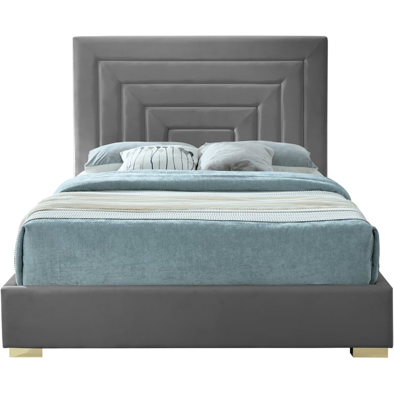 Maklaine Gray Velvet Full Bed with Gold/Chrome Legs Included
