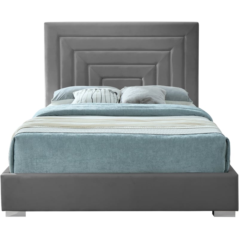 Maklaine Gray Velvet Full Bed with Gold/Chrome Legs Included