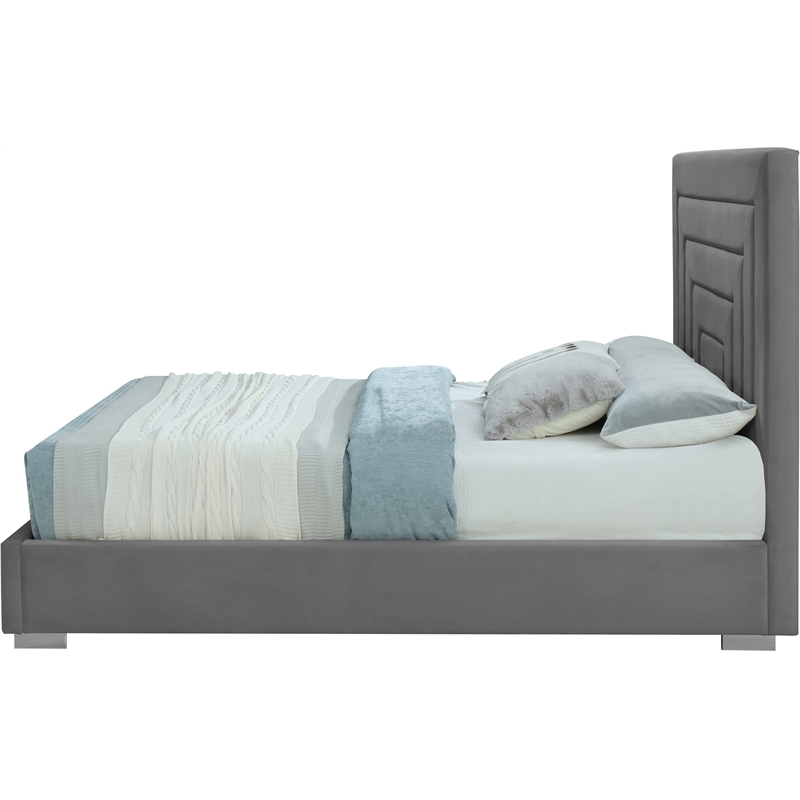 Maklaine Gray Velvet Queen Bed with Gold/Chrome Legs Included