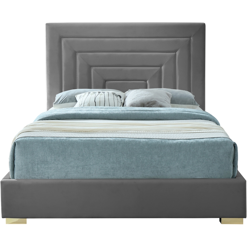 Maklaine Gray Velvet Queen Bed with Gold/Chrome Legs Included