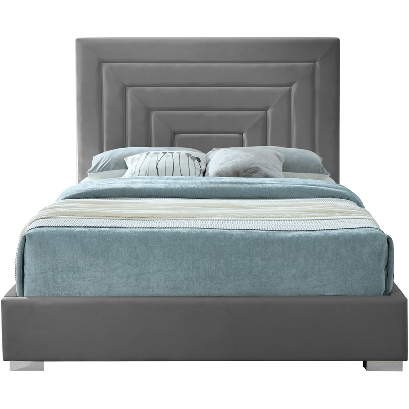 Maklaine Gray Velvet Queen Bed with Gold/Chrome Legs Included