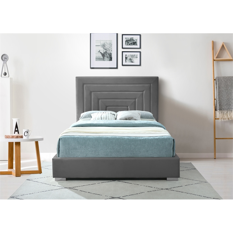 Maklaine Gray Velvet Queen Bed with Gold/Chrome Legs Included