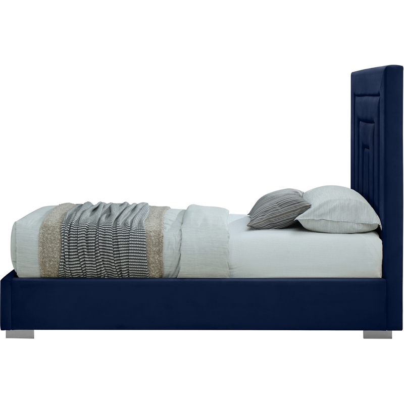 Maklaine Navy Velvet Twin Bed with Gold/Chrome Legs Included