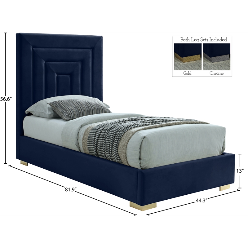 Maklaine Navy Velvet Twin Bed with Gold/Chrome Legs Included