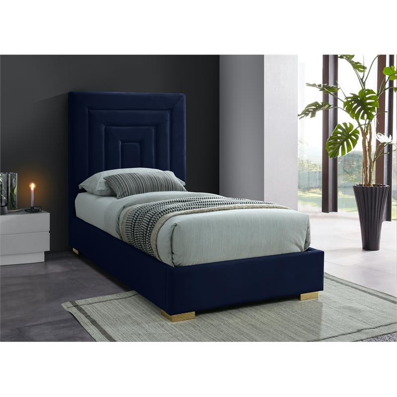 Maklaine Navy Velvet Twin Bed with Gold/Chrome Legs Included