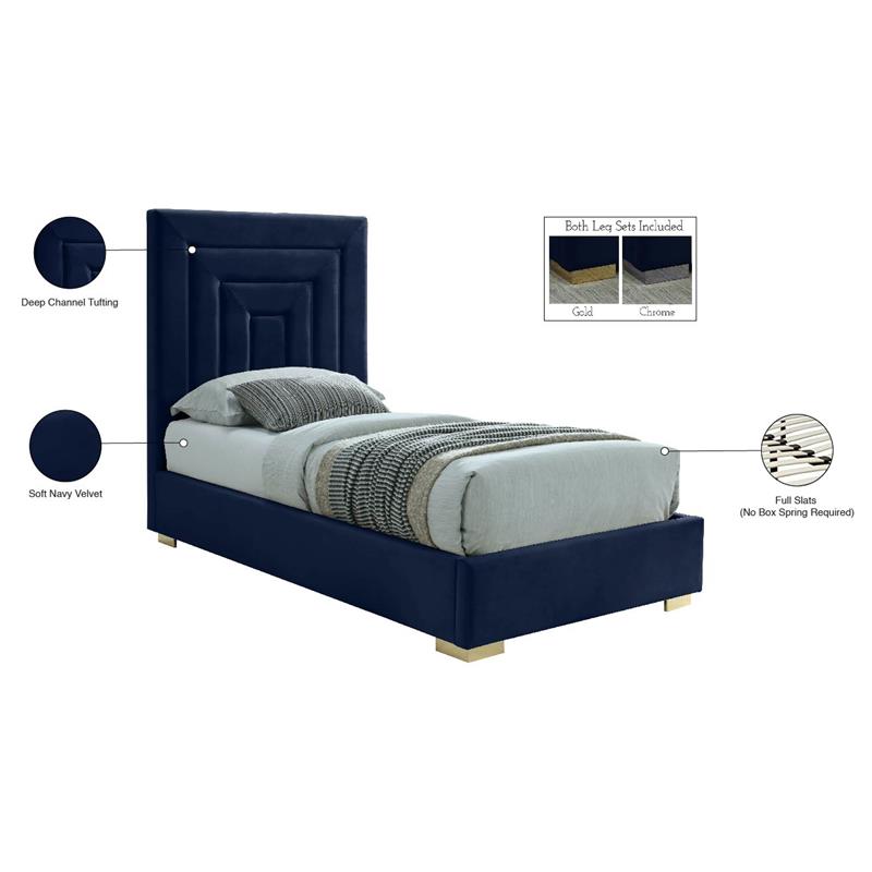 Maklaine Navy Velvet Twin Bed with Gold/Chrome Legs Included