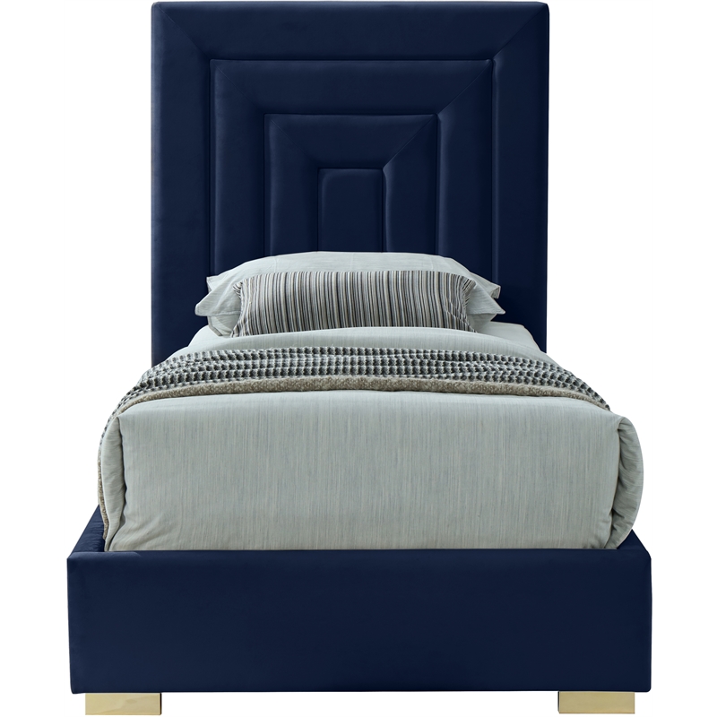 Maklaine Navy Velvet Twin Bed with Gold/Chrome Legs Included
