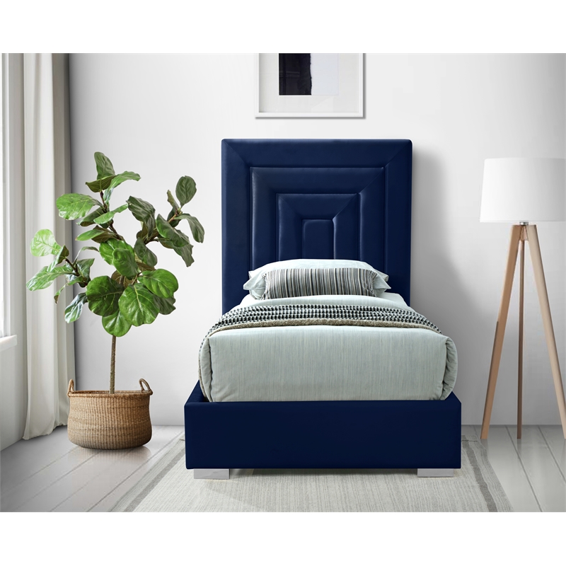 Maklaine Navy Velvet Twin Bed with Gold/Chrome Legs Included
