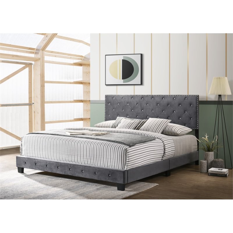 Maklaine Contemporary Velvet Upholstered King Bed in Gray Finish