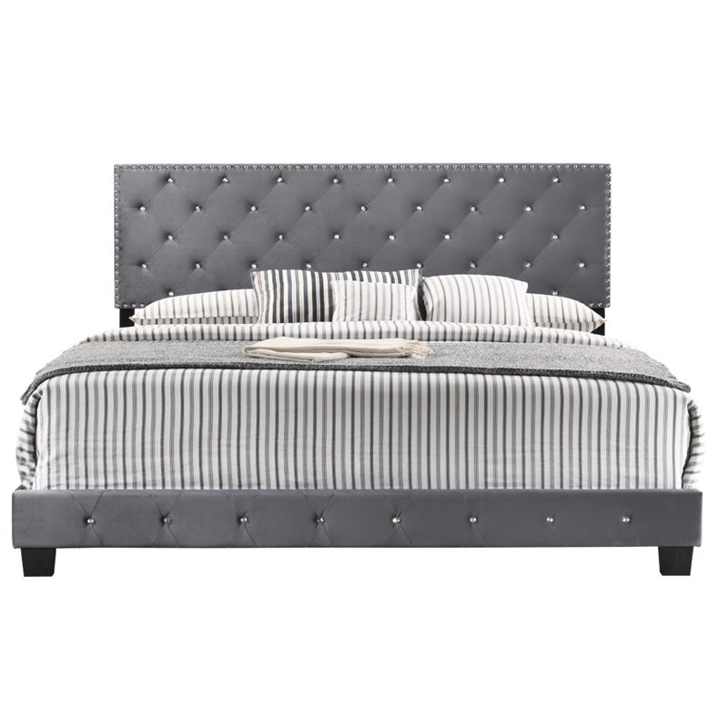 Maklaine Contemporary Velvet Upholstered King Bed in Gray Finish
