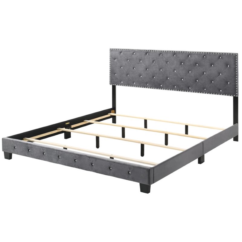 Maklaine Contemporary Velvet Upholstered King Bed in Gray Finish