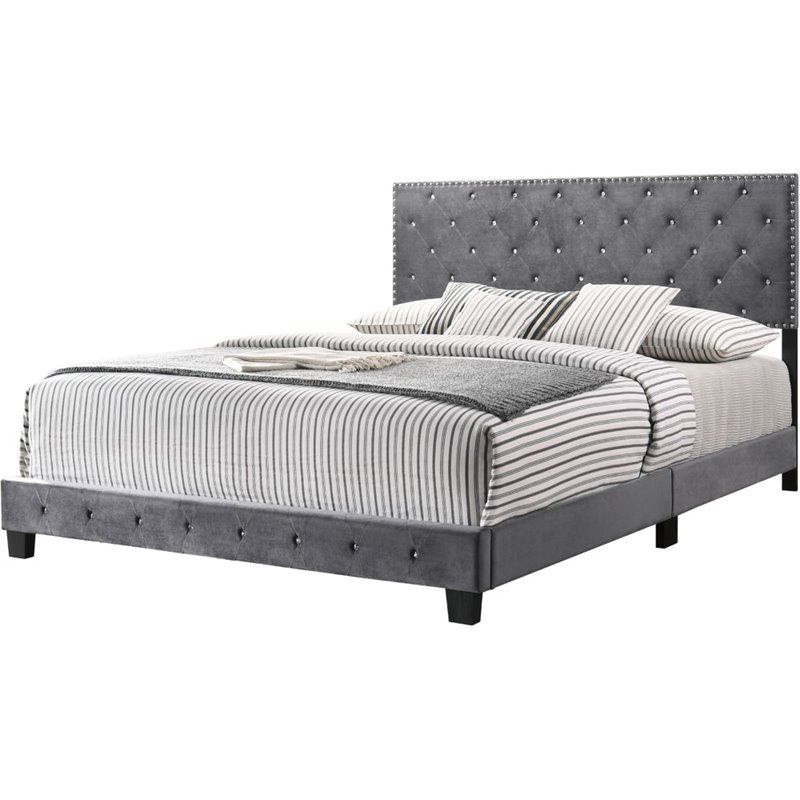 Maklaine Contemporary Velvet Upholstered King Bed in Gray Finish