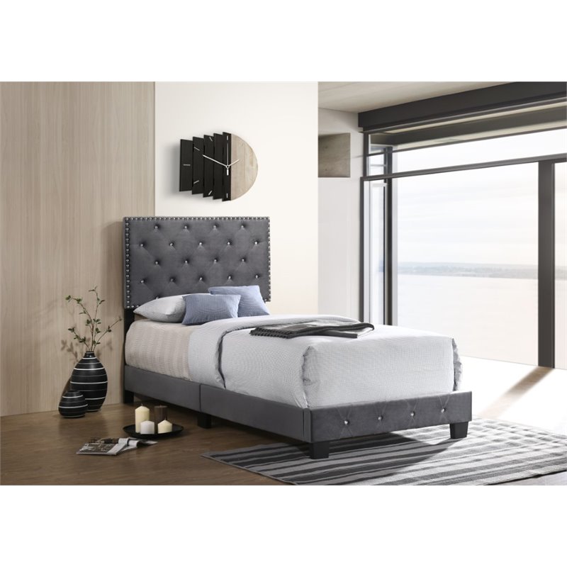 Maklaine Contemporary Velvet Upholstered Twin Bed in Gray Finish