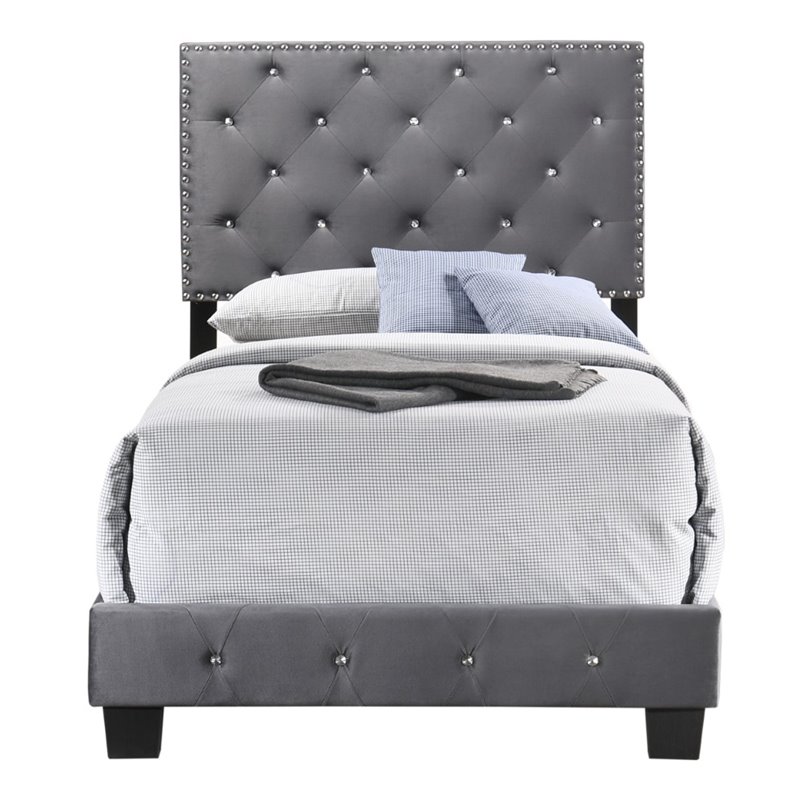 Maklaine Contemporary Velvet Upholstered Twin Bed in Gray Finish