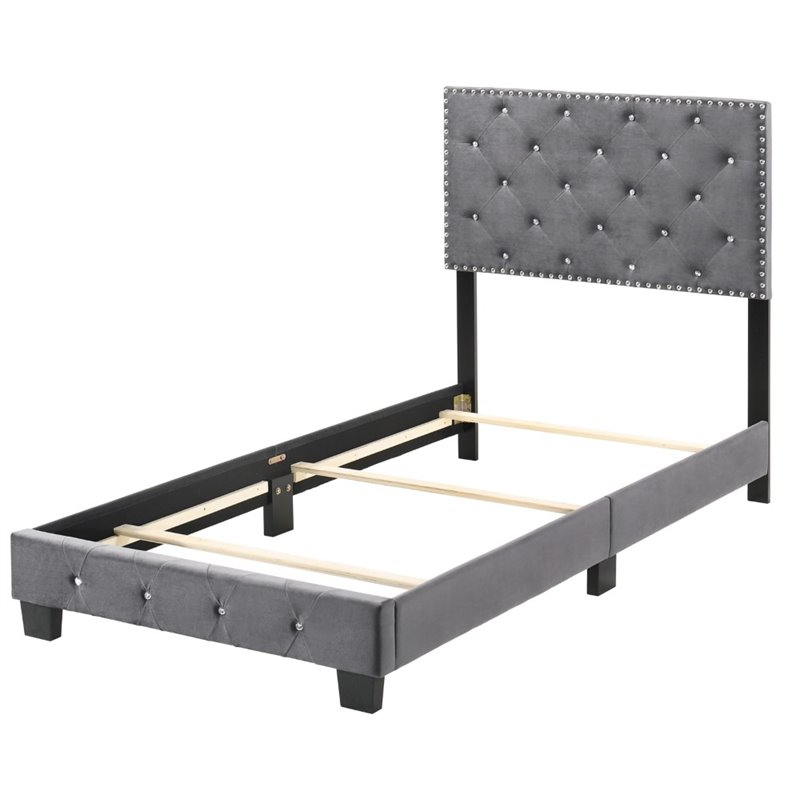 Maklaine Contemporary Velvet Upholstered Twin Bed in Gray Finish