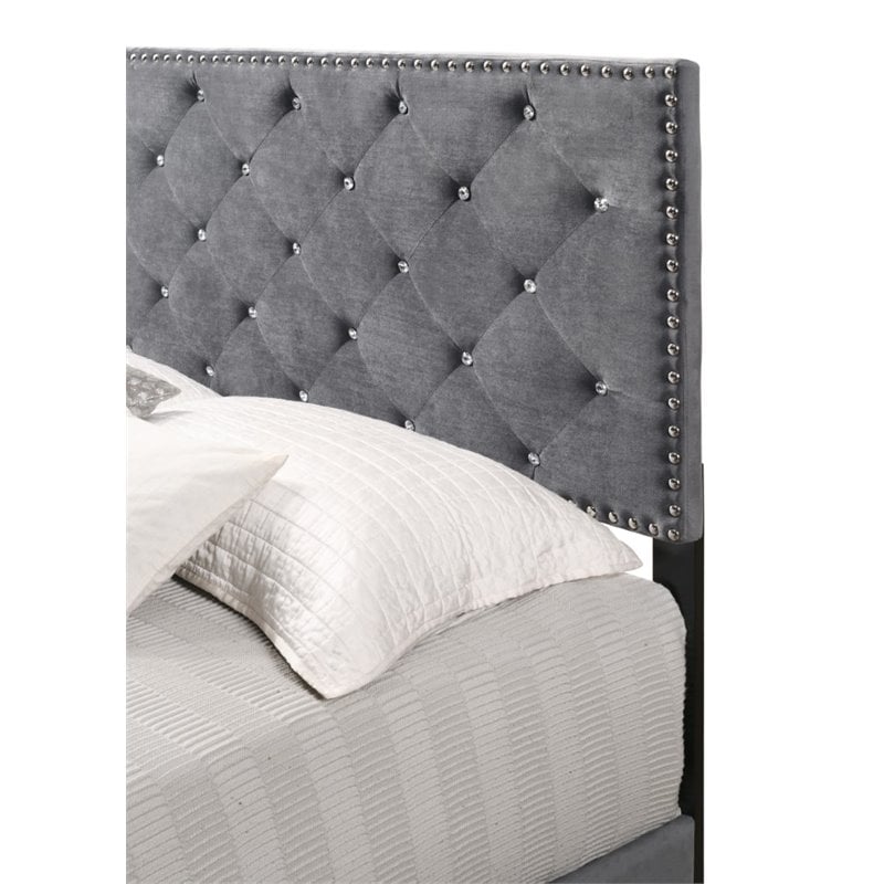 Maklaine Contemporary Velvet Upholstered Twin Bed in Gray Finish