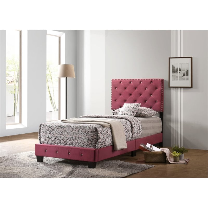 Maklaine Contemporary Velvet Upholstered Twin Bed in Cherry Finish