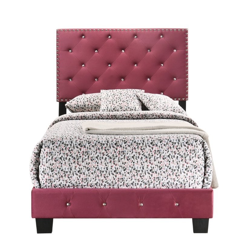 Maklaine Contemporary Velvet Upholstered Twin Bed in Cherry Finish