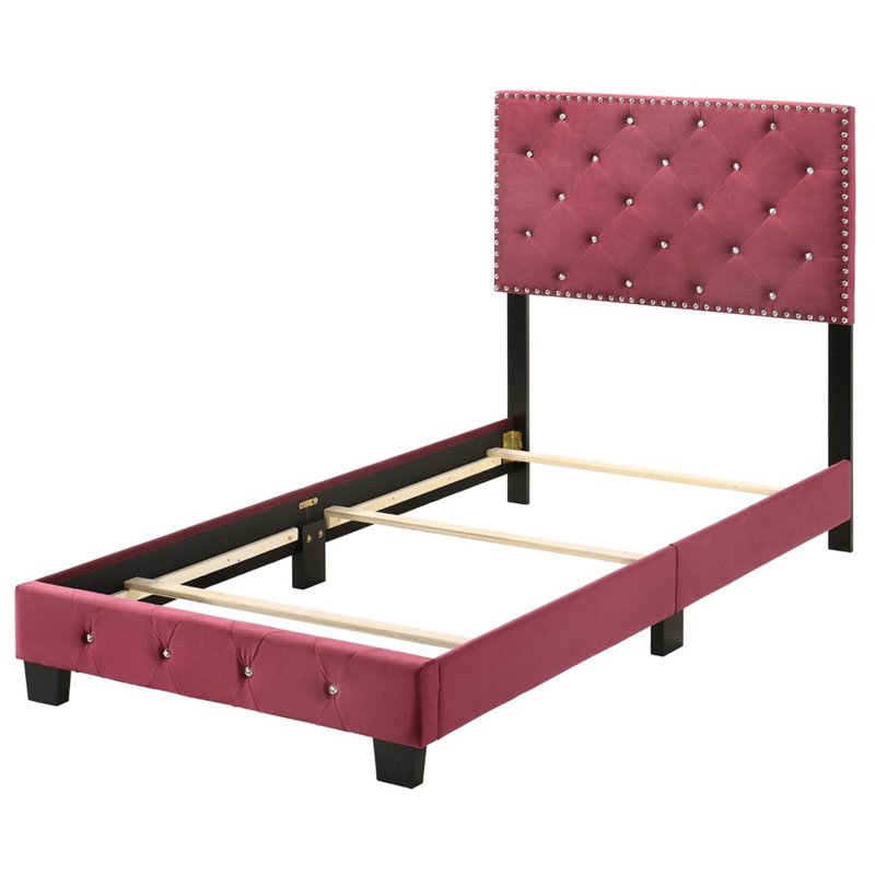 Maklaine Contemporary Velvet Upholstered Twin Bed in Cherry Finish