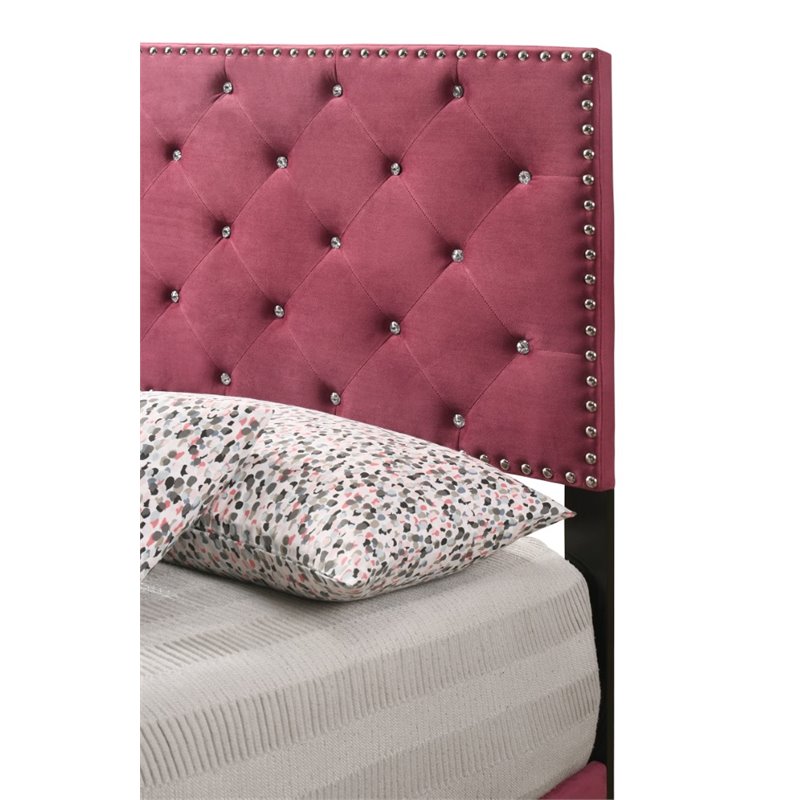 Maklaine Contemporary Velvet Upholstered Twin Bed in Cherry Finish