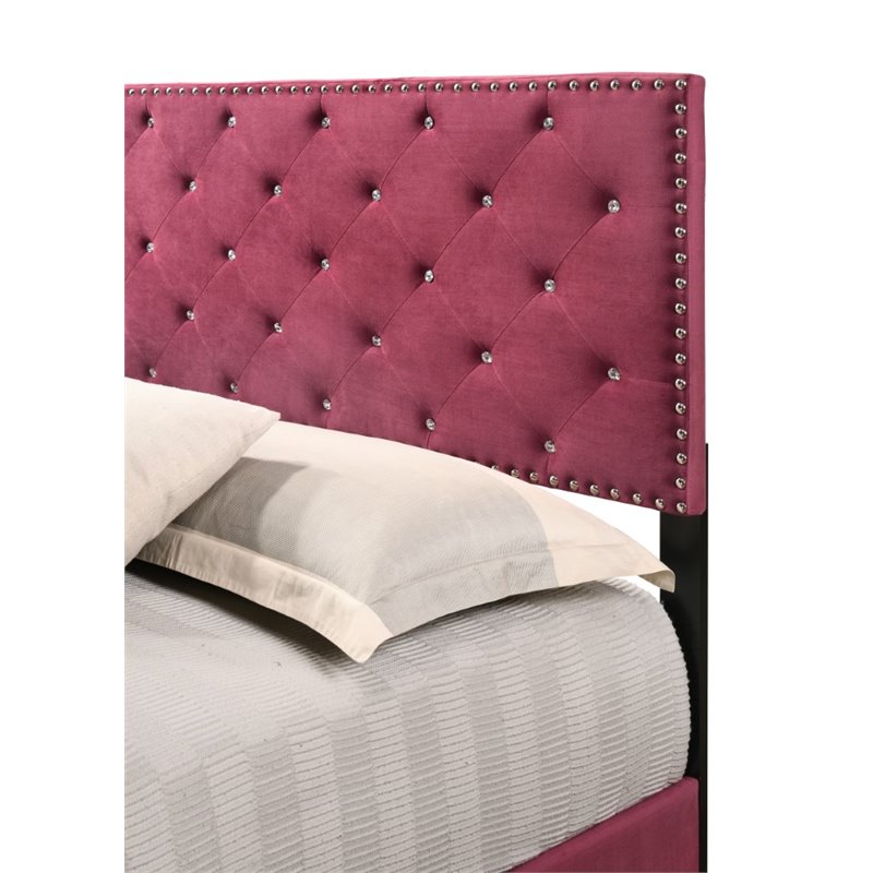 Maklaine Contemporary Velvet Upholstered Twin Bed in Cherry Finish