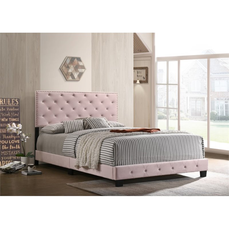 Maklaine Contemporary Velvet Upholstered Full Bed in Pink Finish