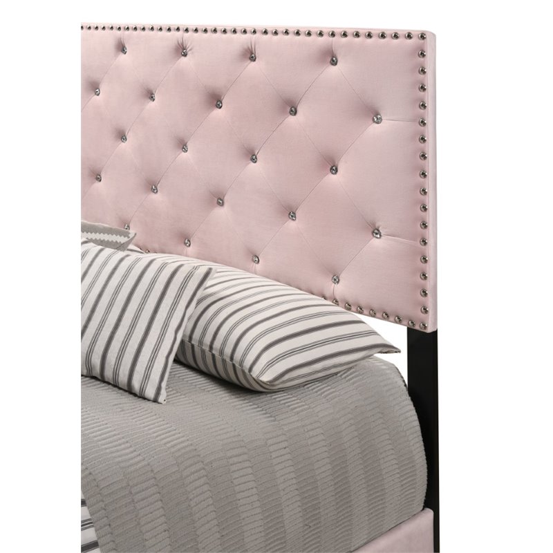 Maklaine Contemporary Velvet Upholstered Full Bed in Pink Finish