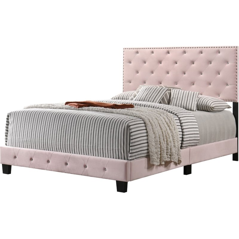 Maklaine Contemporary Velvet Upholstered Full Bed in Pink Finish