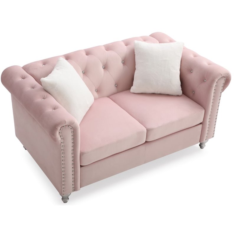 Maklaine Contemporary Jeweled Tufted Micro Suede Velvet Loveseat in Pink